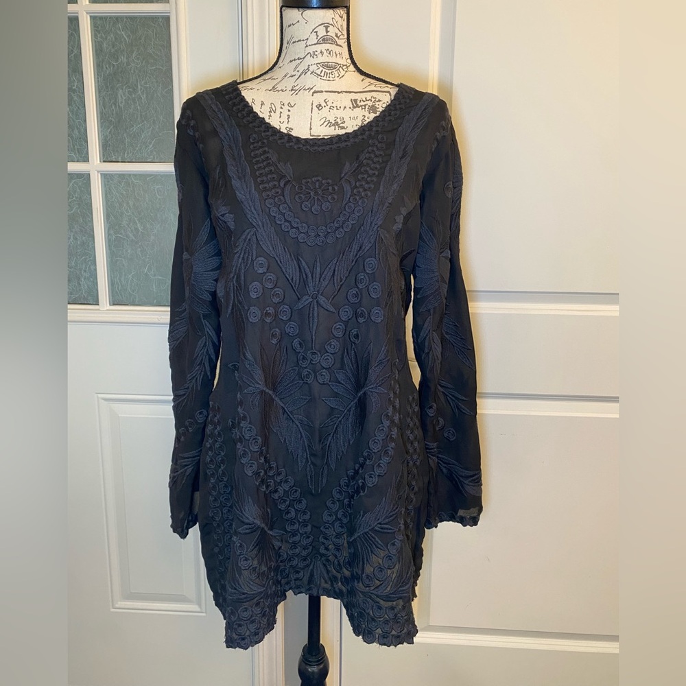 PILYQ Barcelona Luxury Swimwear Sheer Black Embroidered Cover‎ Up Dress Large D